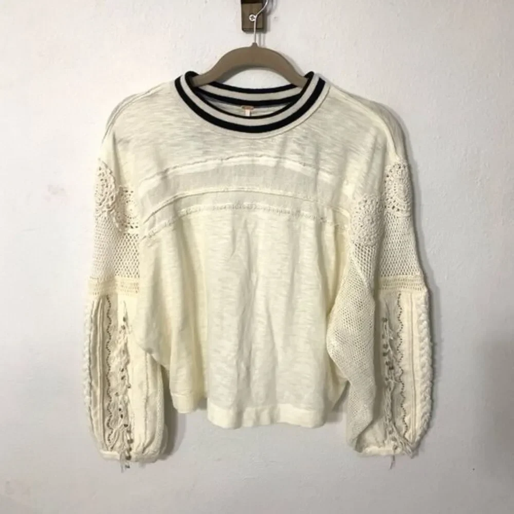 Free People womens Cream Marakesh Embellished Sleeves Blouse New Boho
